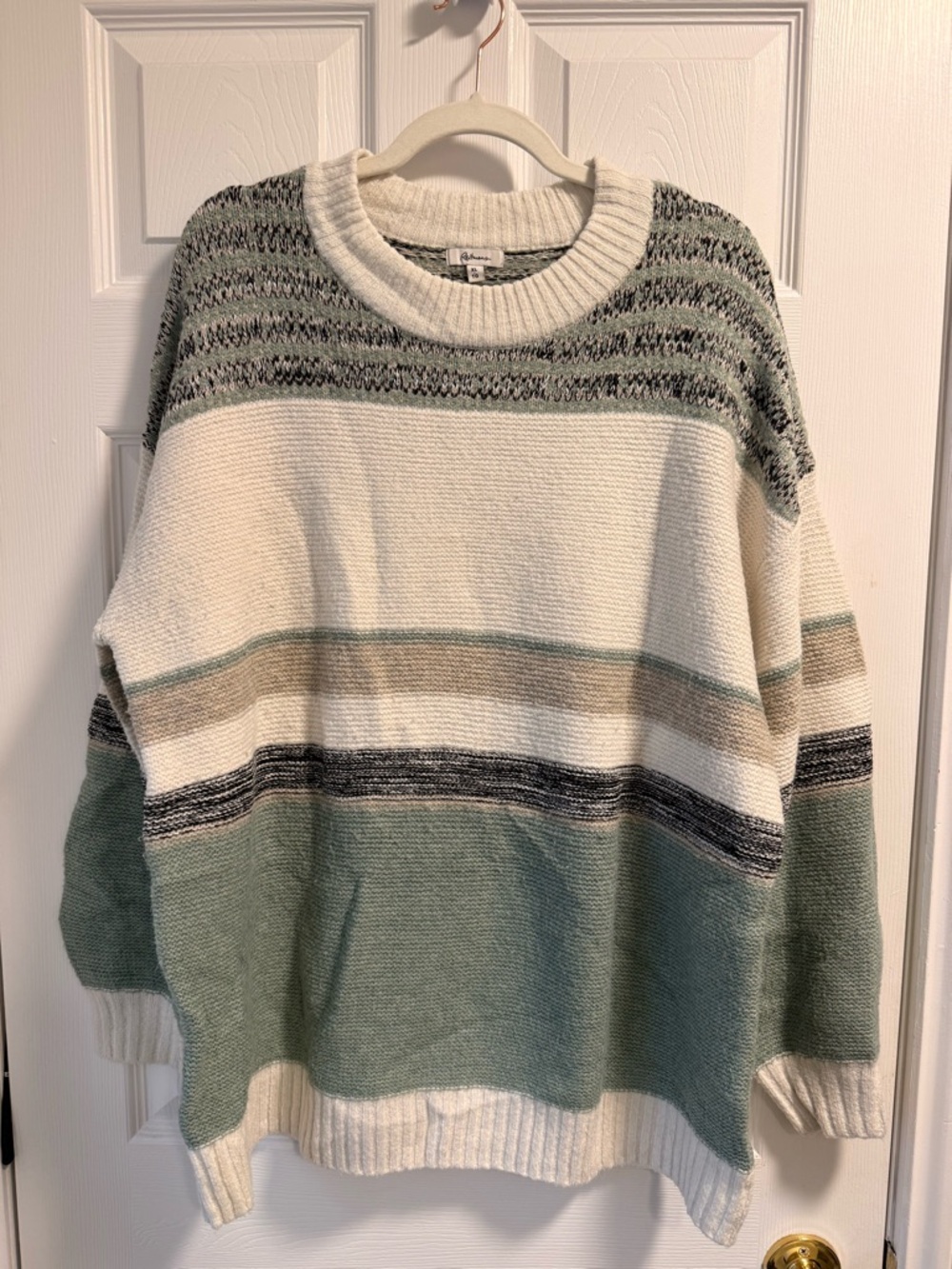 Reitmans Cream and Sage Striped Crewneck Sweater
